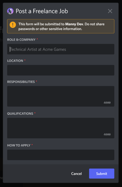 Freelance job form example