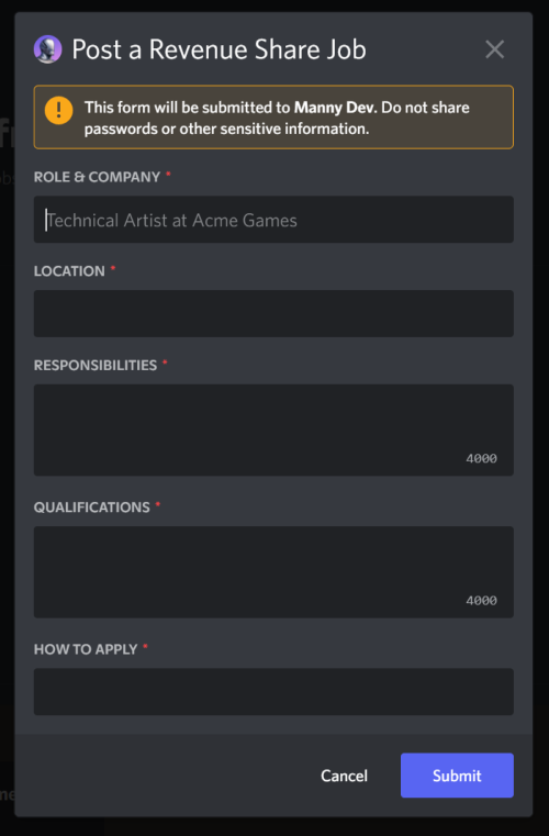 Revenus share job form example