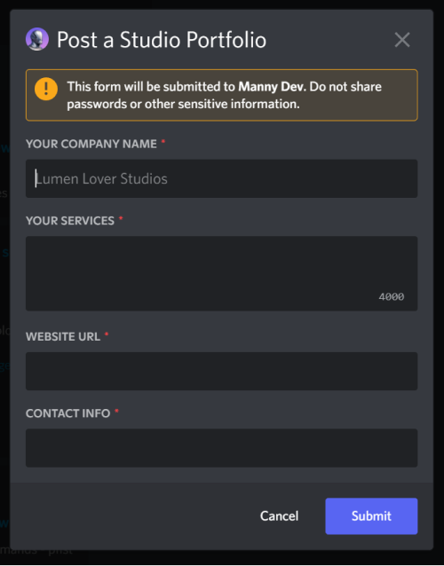 Studio portfolio form example